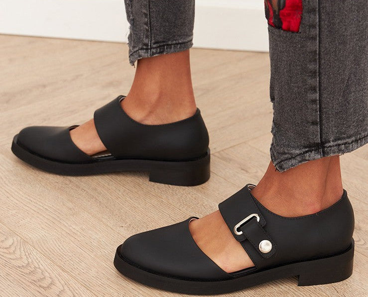 Spring Leisure Low Heel Square Heel Round Head Buckle Oversized Shoes