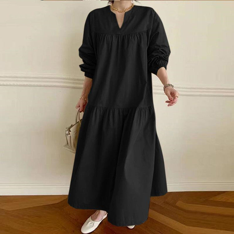 Robe Femme Swing à Col V – Manches Chemise, Style Rétro, Coton & Lin