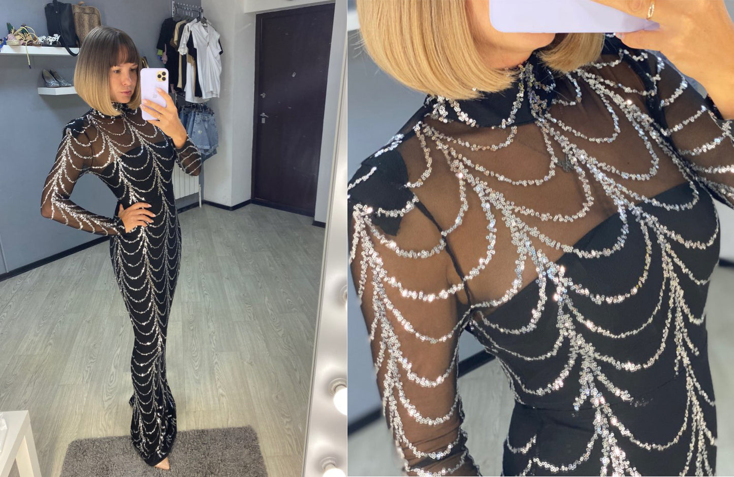 Robe Maxi Femme à Sequins – Manches Longues, Robe de Soirée, Noir & Or