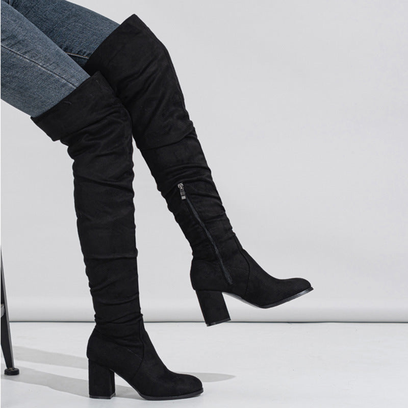 Cuissardes Femme Talons Hauts – Bottes Longues Élastiques en Suédine (Tailles 35–42)