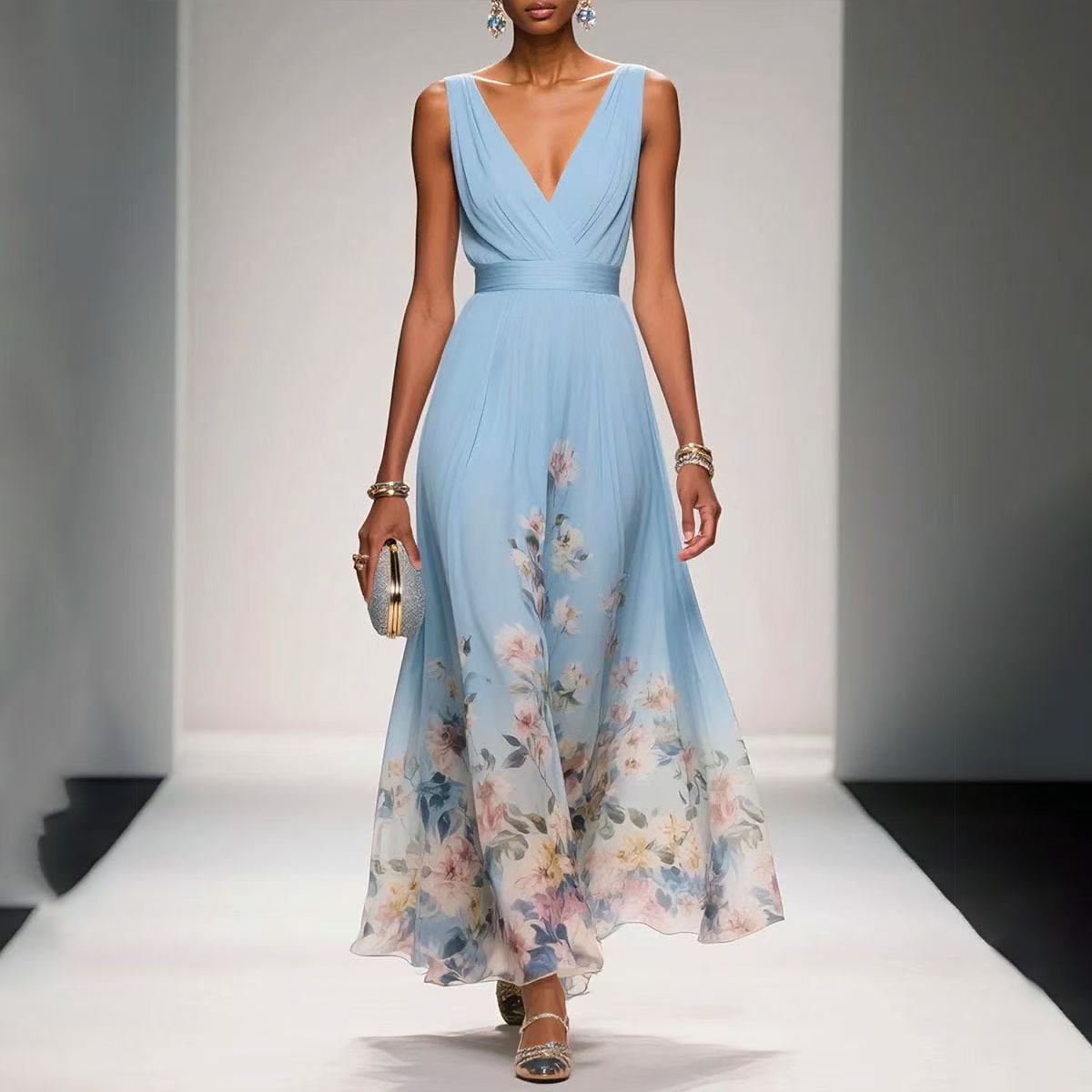 Robe Femme Chiffon Imprimée – Sans Manches, A-Line Longue, Style Sexy