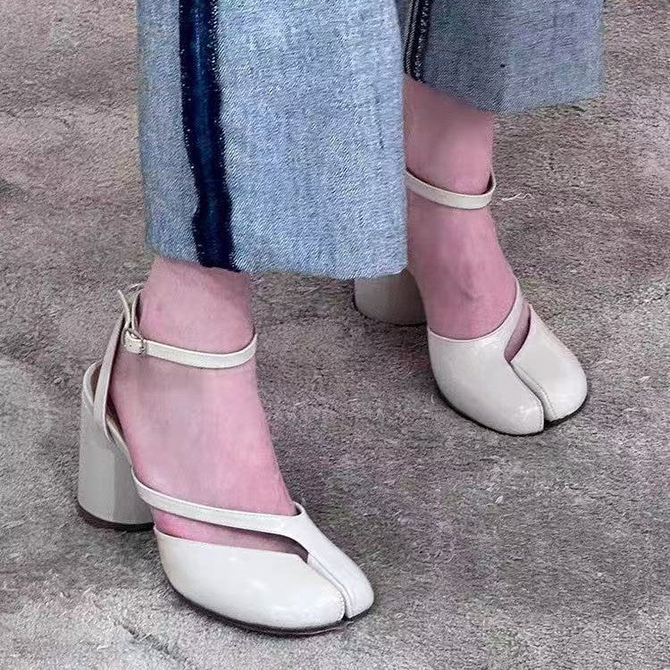 Escarpins Femme Bout Séparé – Talon Haut 8 cm, Bride à Boucle, Cuir Véritable