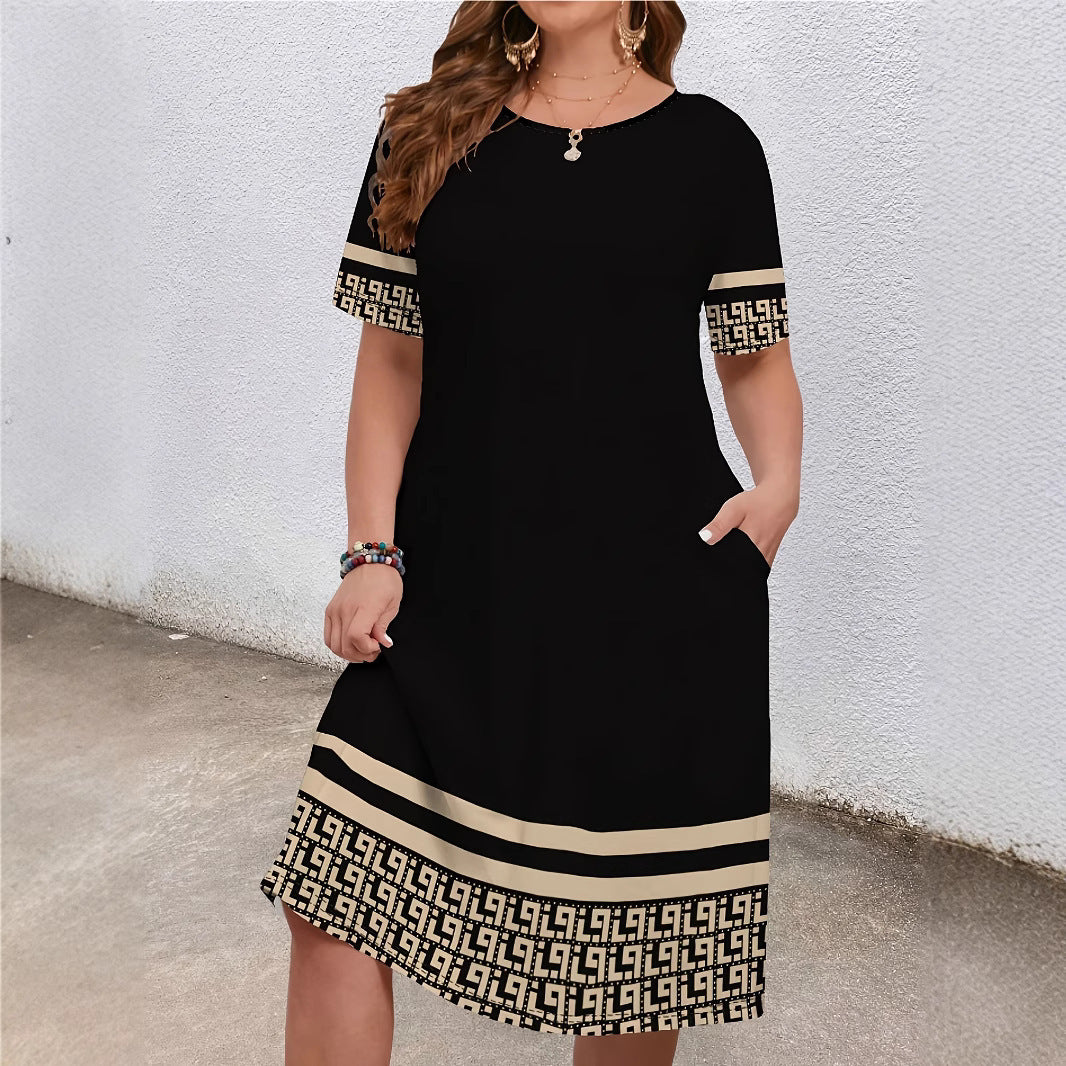 Robe Élégante Bicolore à Col Rond – Manches Courtes Confortables & Style Décontracté