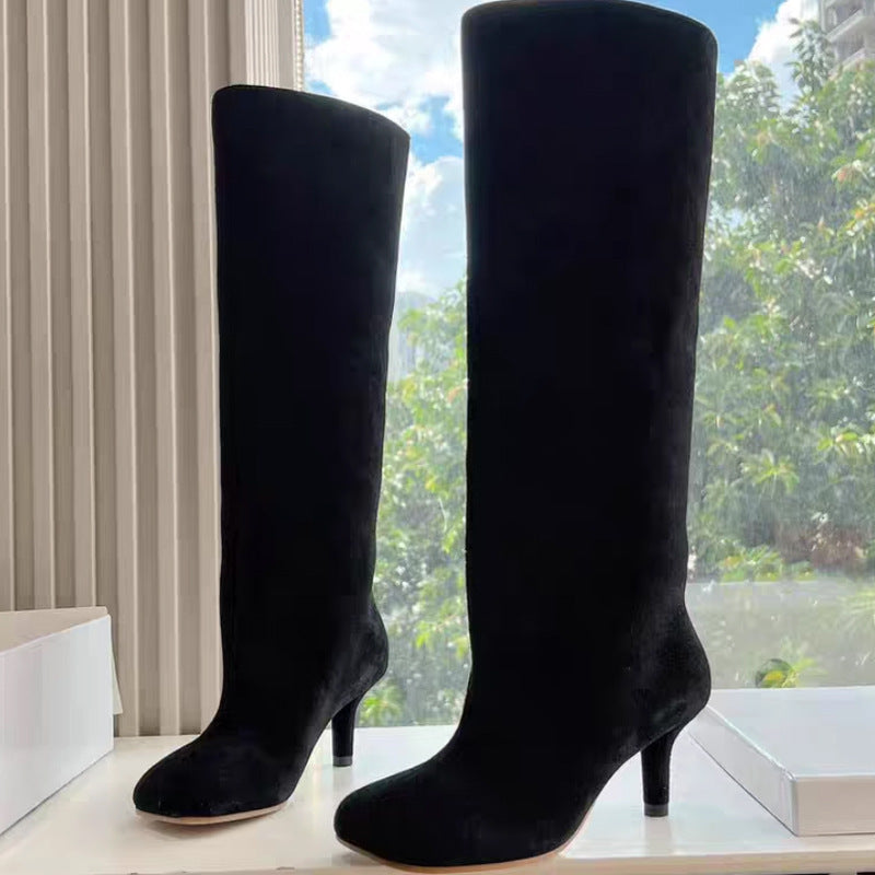 Bottes Hautes Femme à Talons Carrés – Couture Simple & Bout Carré – Style Européen et Américain