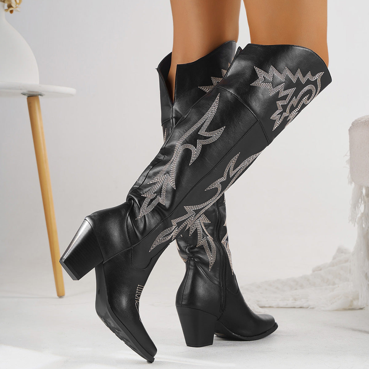 Bottes Femme Western en Denim au-dessus du Genou – Bout Carré, Fermeture Éclair Latérale, Talon Haut