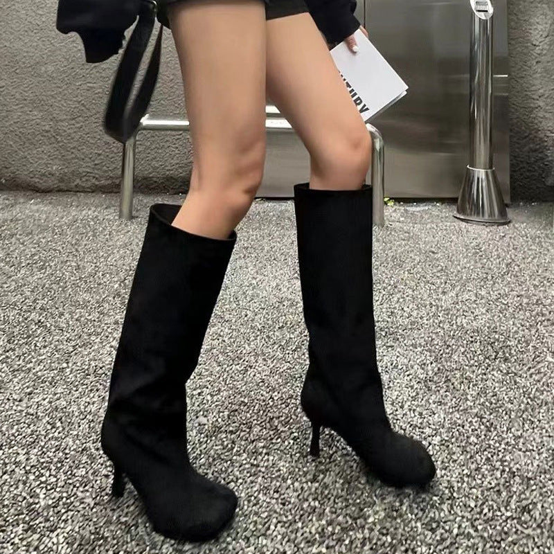 Bottes Hautes Femme à Talons Carrés – Couture Simple & Bout Carré – Style Européen et Américain
