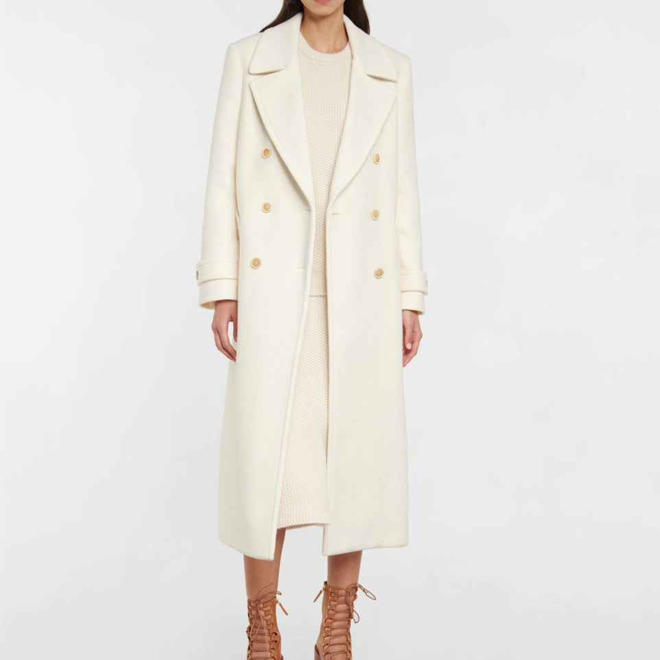 Manteau Femme Élégant à Revers – Blanc, Double Boutonnage, Mi-long