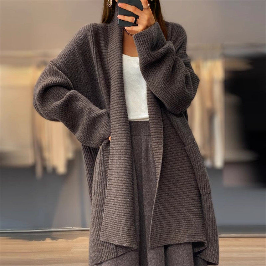 Cardigan Femme Élégant en Maille Polyester Épaisse avec Poche - Coupe Ample - S à XL