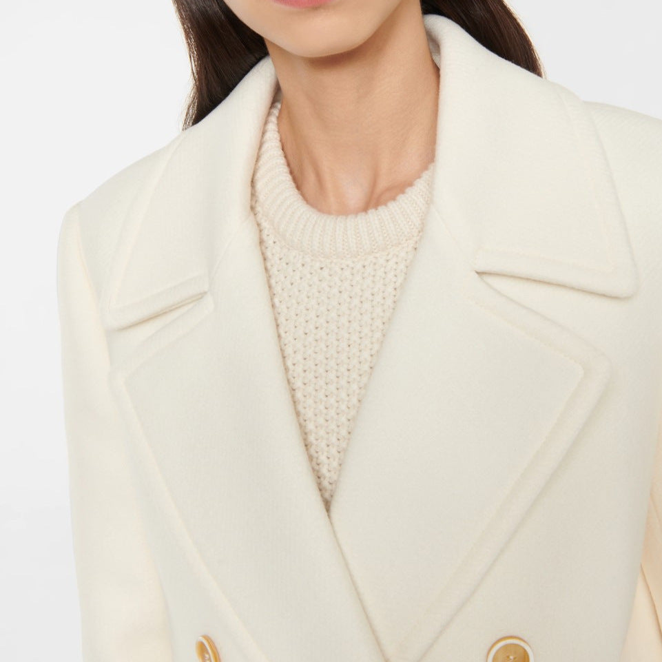Manteau Femme Élégant à Revers – Blanc, Double Boutonnage, Mi-long
