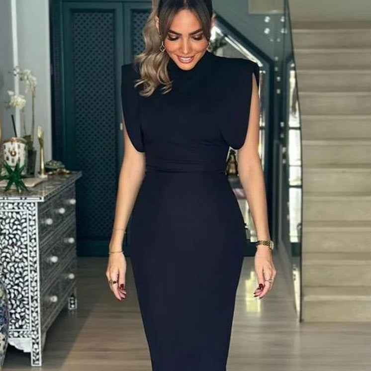 Robe Tricotée Femme Sans Manches – Épaules Rembourrées, Slim Fit, Longue