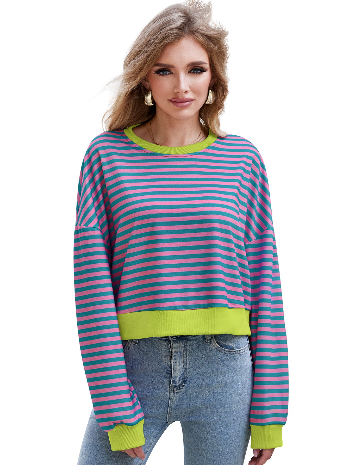 Pull Femme à Rayures – Col Rond, Manches Longues, Style Décontracté