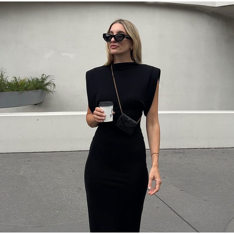 Robe Tricotée Femme Sans Manches – Épaules Rembourrées, Slim Fit, Longue