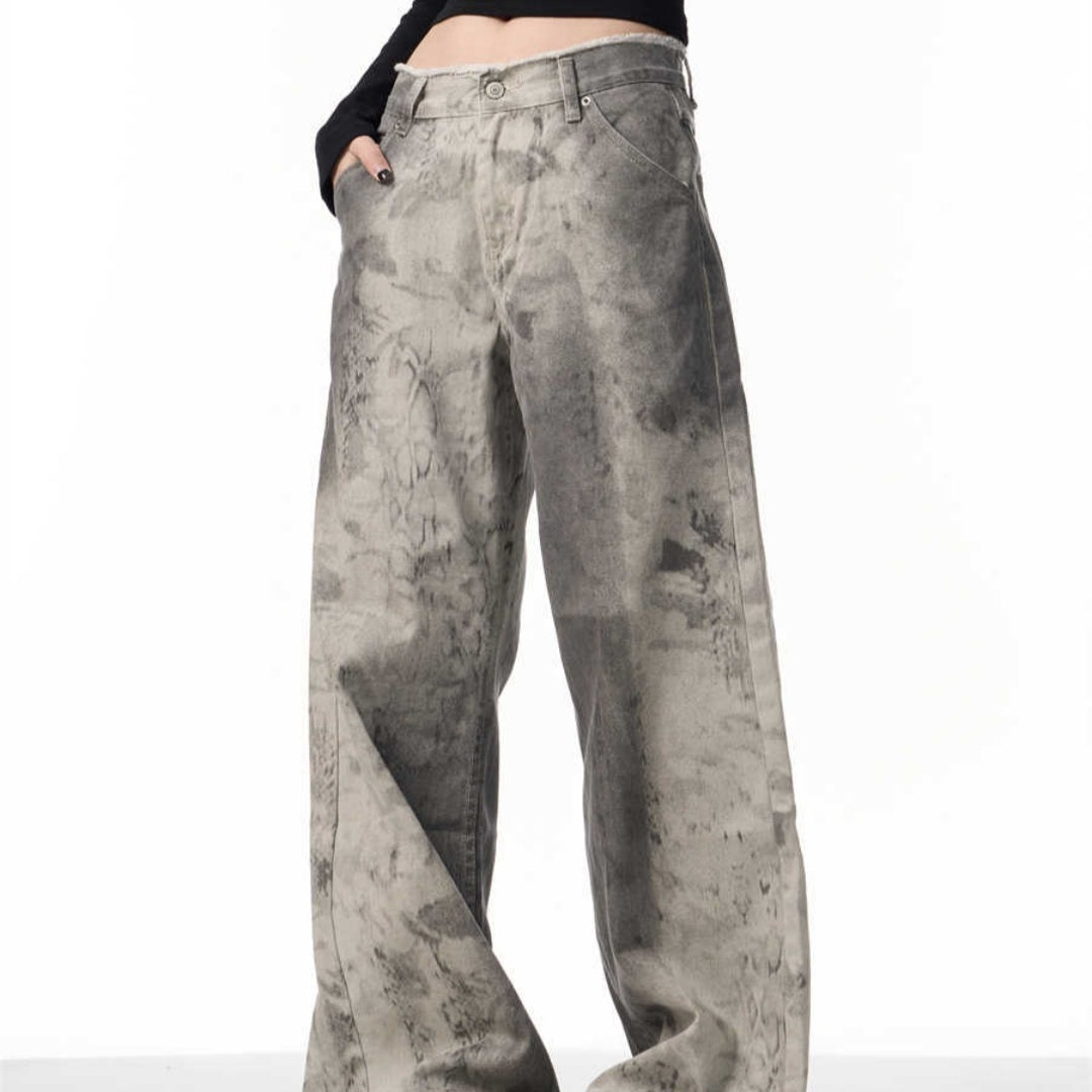 Jean Femme High Street – Coupe Large, Taille Naturelle, Motif Serpent Imprimé, Effet Usé
