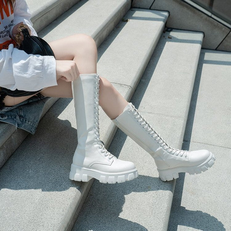 Bottes Martin Longues Sous le Genou – Style Britannique, Talon Moyen, Semelle Plateforme