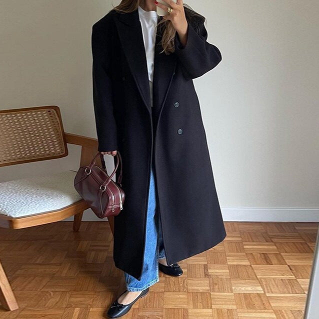 Manteau Femme Automne-Hiver – Long en Laine, Col Tailleur, Style Chic & Décontracté