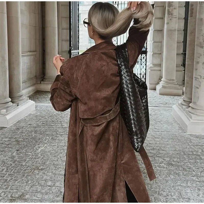 Manteau Long Femme à Ceinture – Style Rétro Artistique – Slim Fit