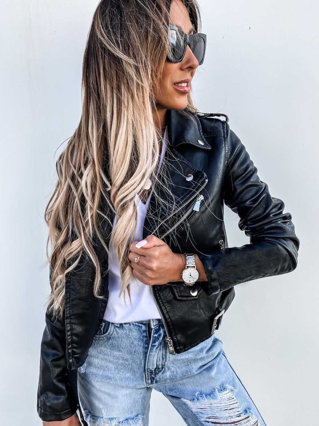 Veste Femme en Simili Cuir et Polyester – Manches Longues – Couleurs Noir et Rouge – Tailles M à 3XL