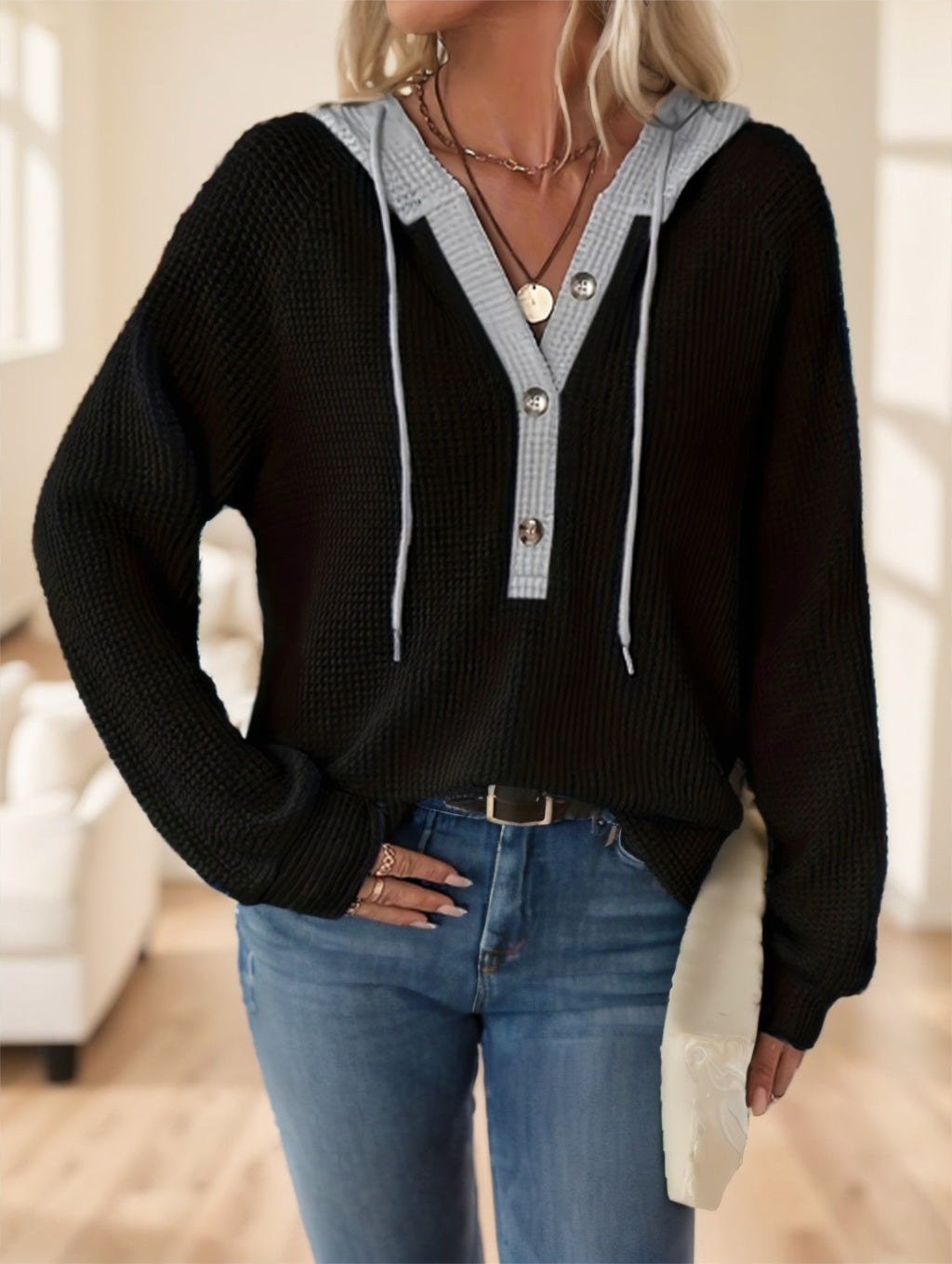 Hoodie Femme Color Block – Sweat à Capuche Boutonné avec Cordon de Serrage, Manches Longues