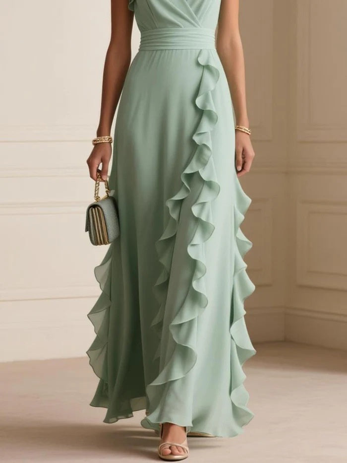 Robe Longue Plissée à Manches Courtes – Décolleté V Col V Uni, Taille Haute