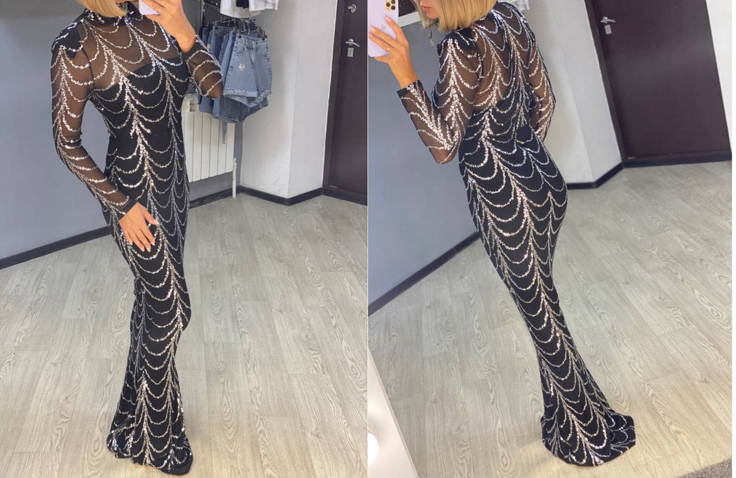 Robe Maxi Femme à Sequins – Manches Longues, Robe de Soirée, Noir & Or