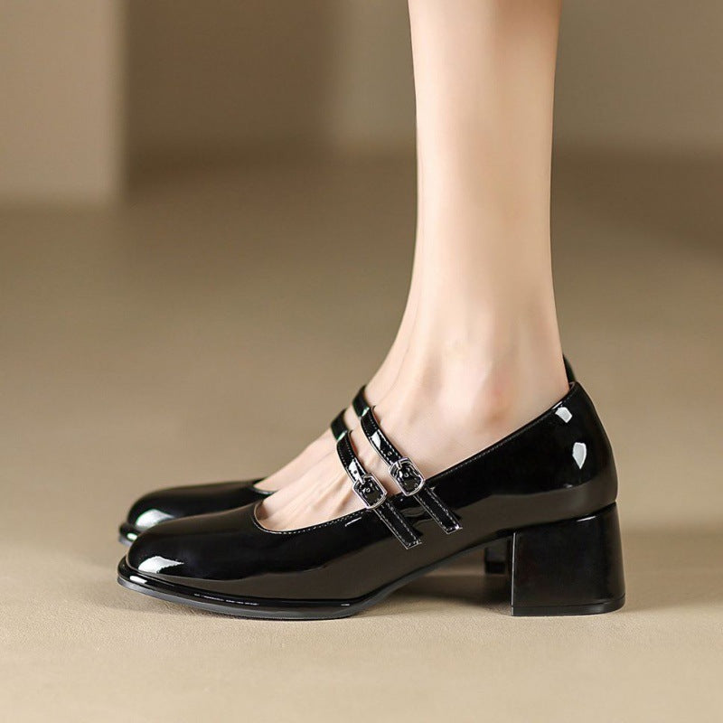 Chaussures Femme en Cuir Souple – Talon Épais, Coupé Bas, Boucle