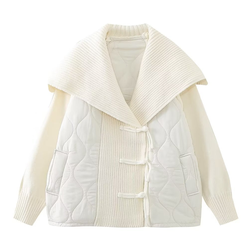 Manteau Femme Style Européen & Américain – Décontracté, Col Marin, Patchwork en Maille