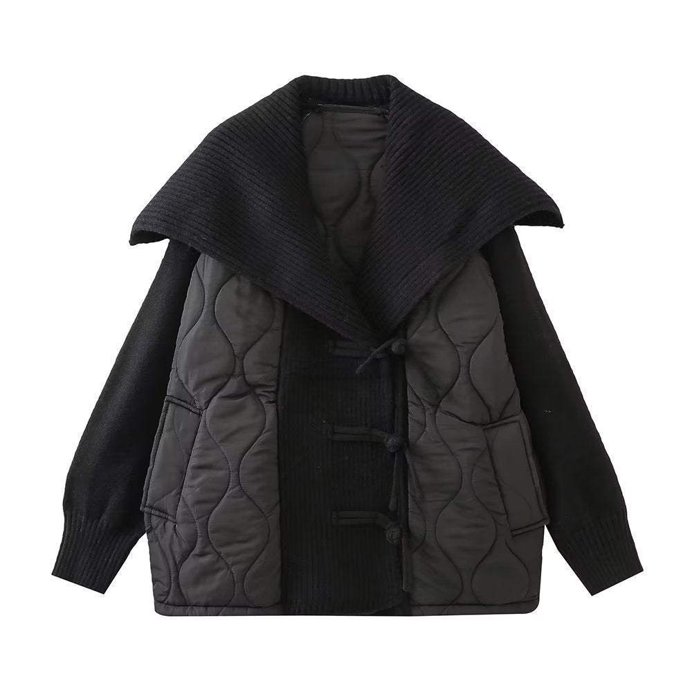 Manteau Femme Style Européen & Américain – Décontracté, Col Marin, Patchwork en Maille