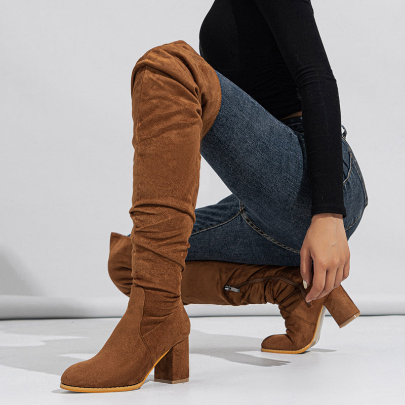 Cuissardes Femme Talons Hauts – Bottes Longues Élastiques en Suédine (Tailles 35–42)