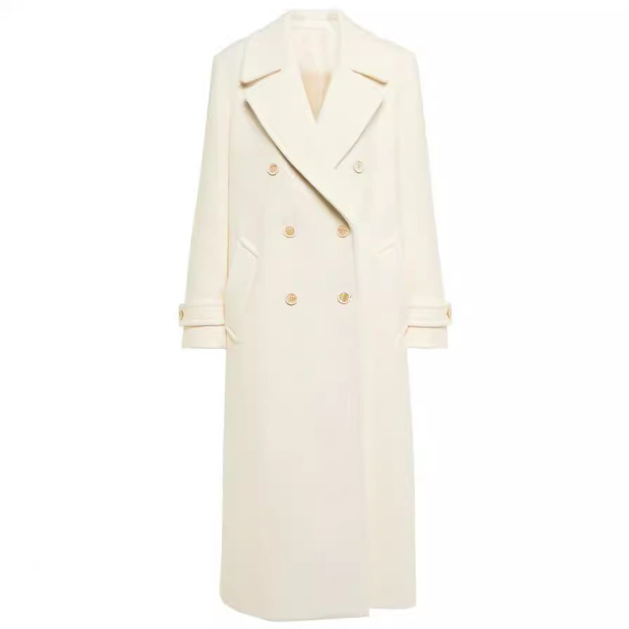 Manteau Femme Élégant à Revers – Blanc, Double Boutonnage, Mi-long