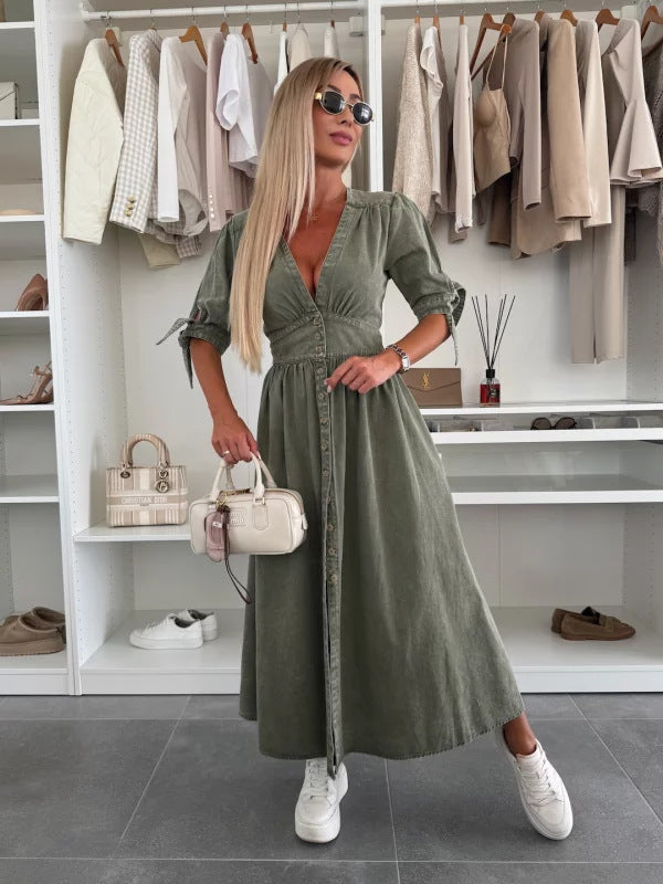 Robe Longue en Jean à Boutons – Col V & Manches Courtes Style Décontracté