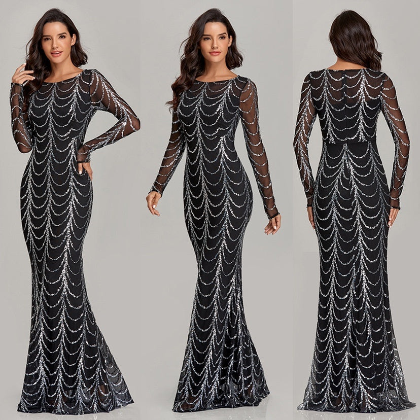Robe Maxi Femme à Sequins – Manches Longues, Robe de Soirée, Noir & Or