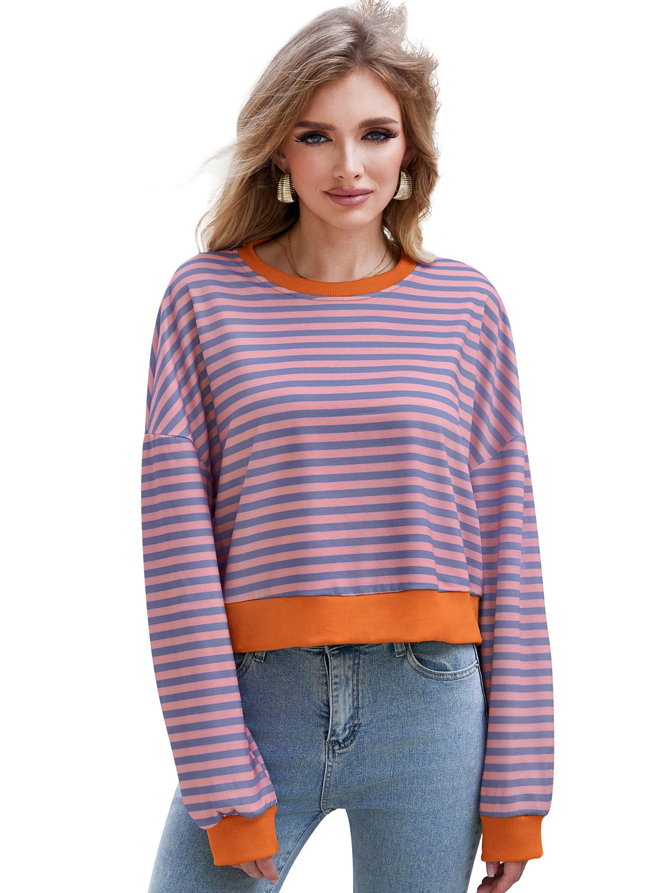 Pull Femme à Rayures – Col Rond, Manches Longues, Style Décontracté