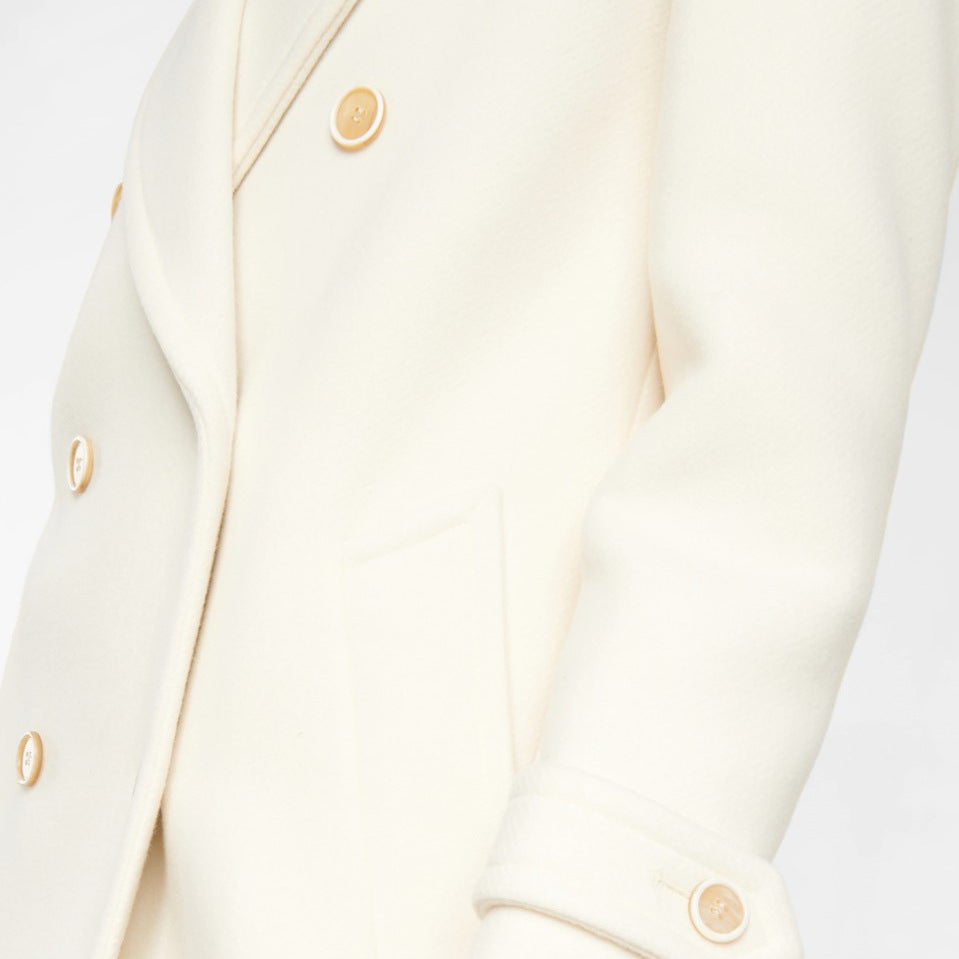Manteau Femme Élégant à Revers – Blanc, Double Boutonnage, Mi-long