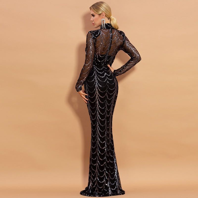 Robe Maxi Femme à Sequins – Manches Longues, Robe de Soirée, Noir & Or