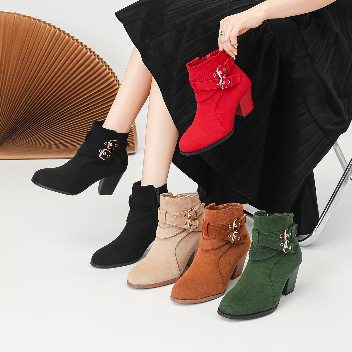 Bottes Femme À Cheville – Talon Haut 6–8CM, Suède Confortable, Couleurs Variées