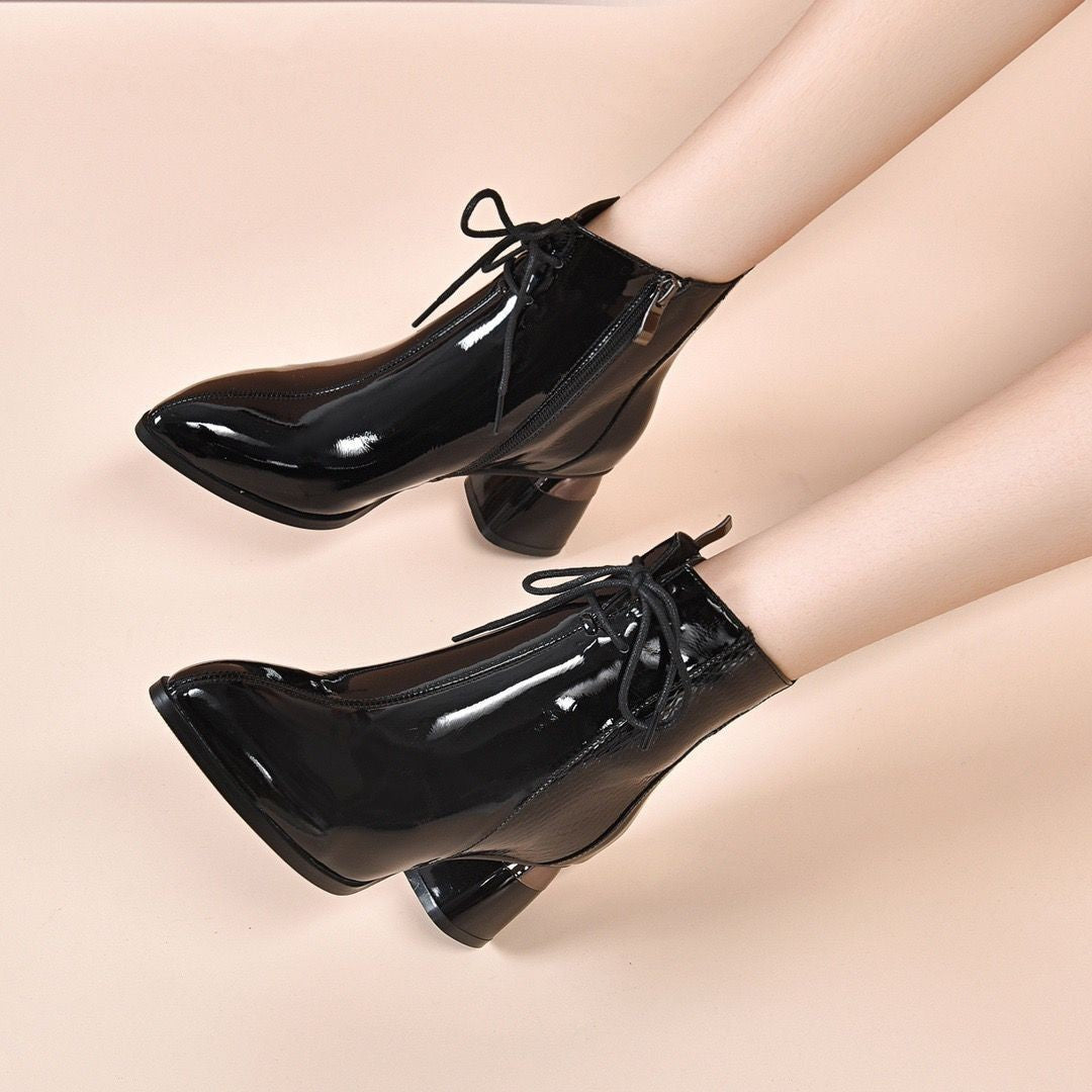 Bottines Martin Femme Élégantes – Talon Épais, Bout Pointu, Cuir Vernis PU, Automne Hiver