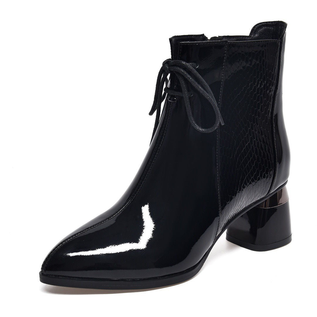 Bottines Martin Femme Élégantes – Talon Épais, Bout Pointu, Cuir Vernis PU, Automne Hiver