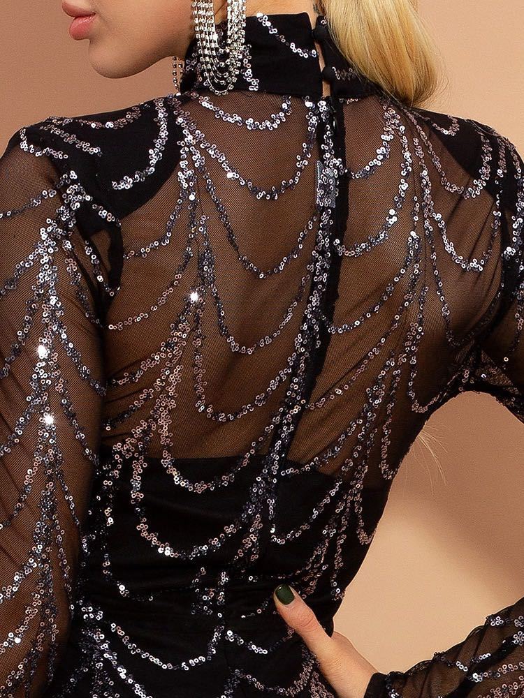 Robe Maxi Femme à Sequins – Manches Longues, Robe de Soirée, Noir & Or