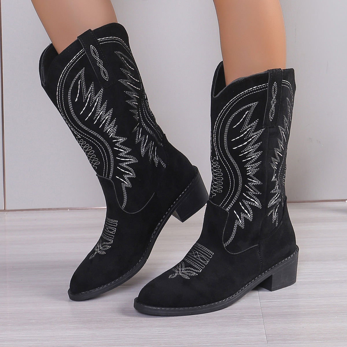 Bottes Longues Femme à Talon Carré – Embroidery Automne, Bout Pointu