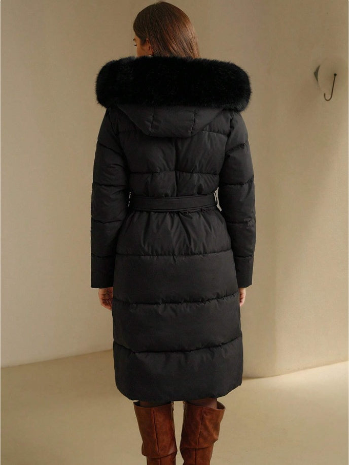 Manteau Matelassé à Capuche Femme – Zip, Manches Longues, Bordure en Fausse Fourrure