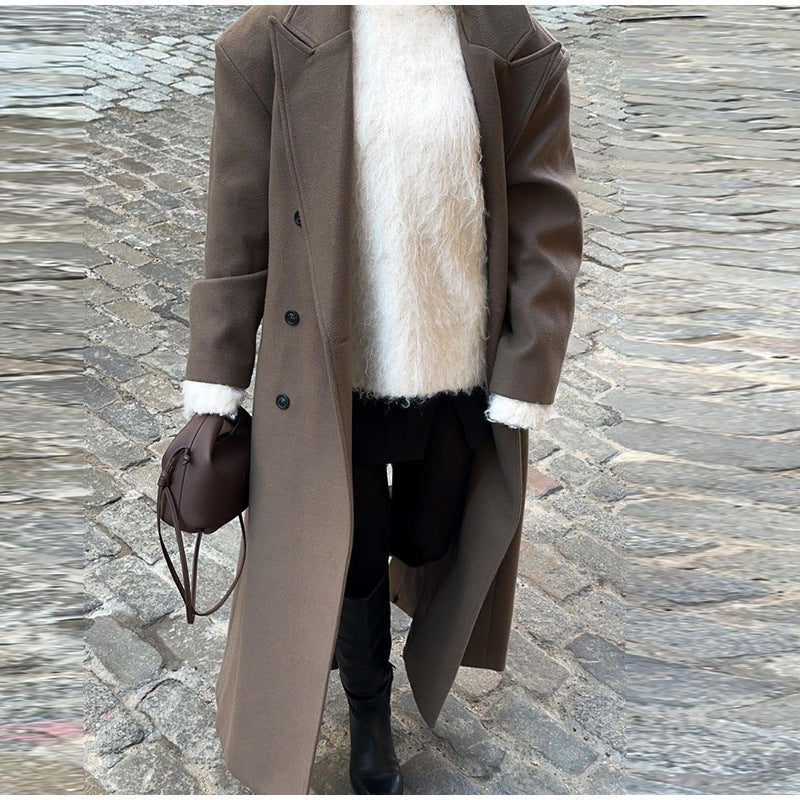Manteau Femme Automne-Hiver – Long en Laine, Col Tailleur, Style Chic & Décontracté