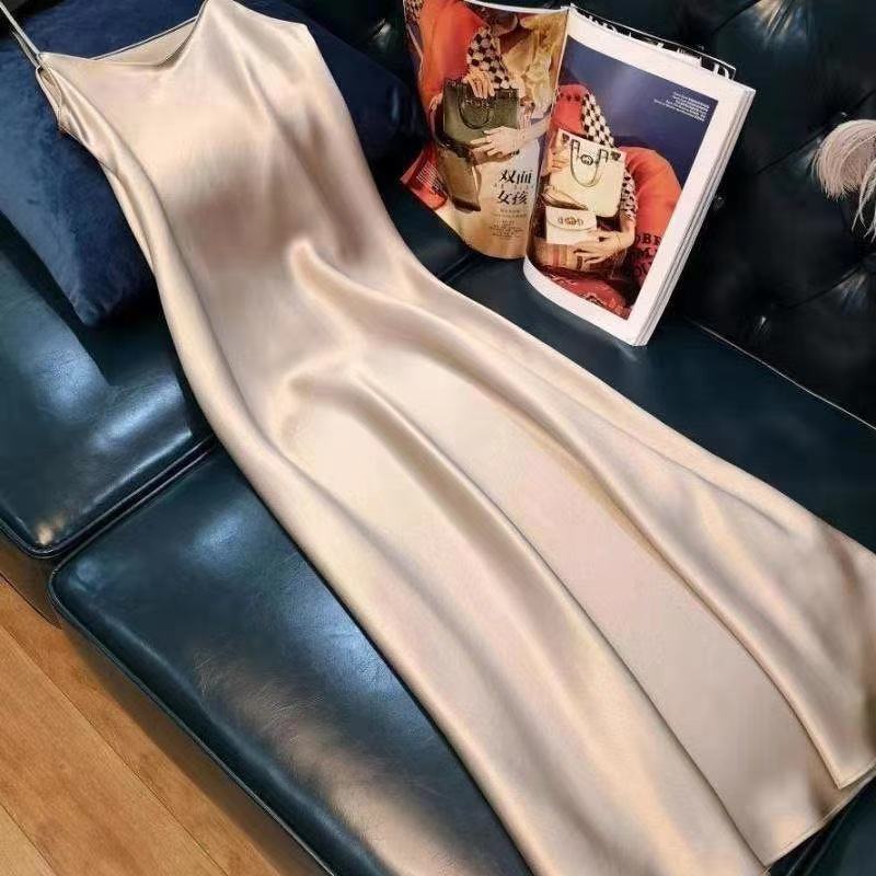 Robe Femme Bretelles Longue en Satin – Jupe A-Line, Style Chinois