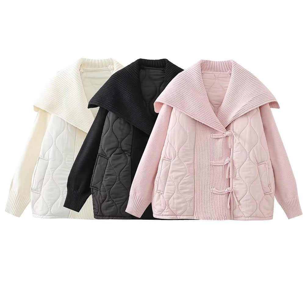 Manteau Femme Style Européen & Américain – Décontracté, Col Marin, Patchwork en Maille