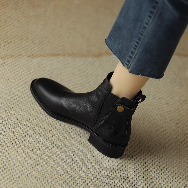 Bottines Chelsea Femme en Cuir Doux et Velours – Talon Plat, Bout Rond, Confort & Élégance