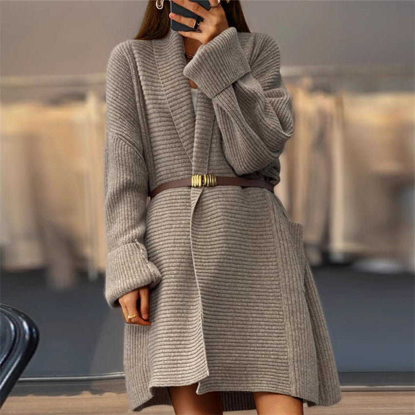 Cardigan Femme Élégant en Maille Polyester Épaisse avec Poche - Coupe Ample - S à XL