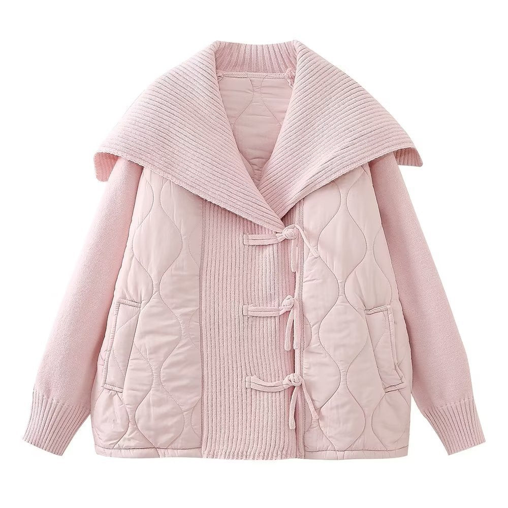Manteau Femme Style Européen & Américain – Décontracté, Col Marin, Patchwork en Maille