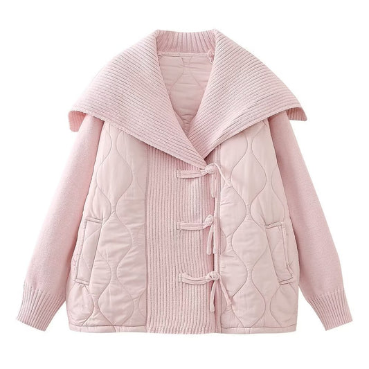 Manteau Femme Style Européen & Américain – Décontracté, Col Marin, Patchwork en Maille