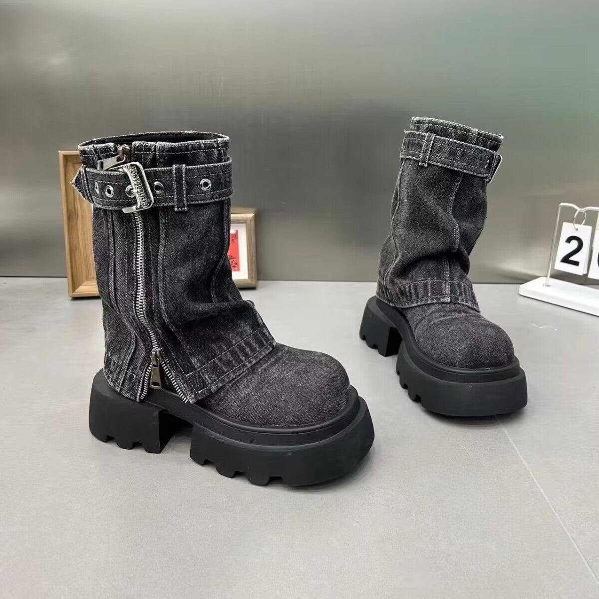 Bottes Martin en Jean pour Femme – Style Moto, Bout Rond, Talon Bas