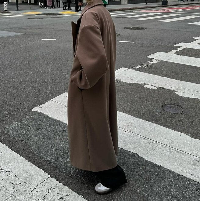 Manteau Femme Automne-Hiver – Long en Laine, Col Tailleur, Style Chic & Décontracté
