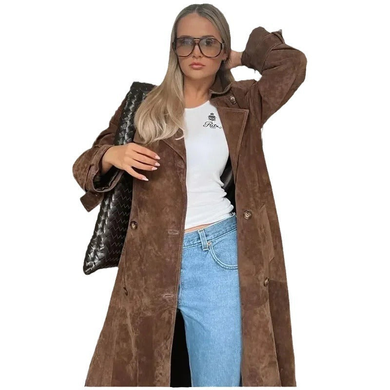 Manteau Long Femme à Ceinture – Style Rétro Artistique – Slim Fit